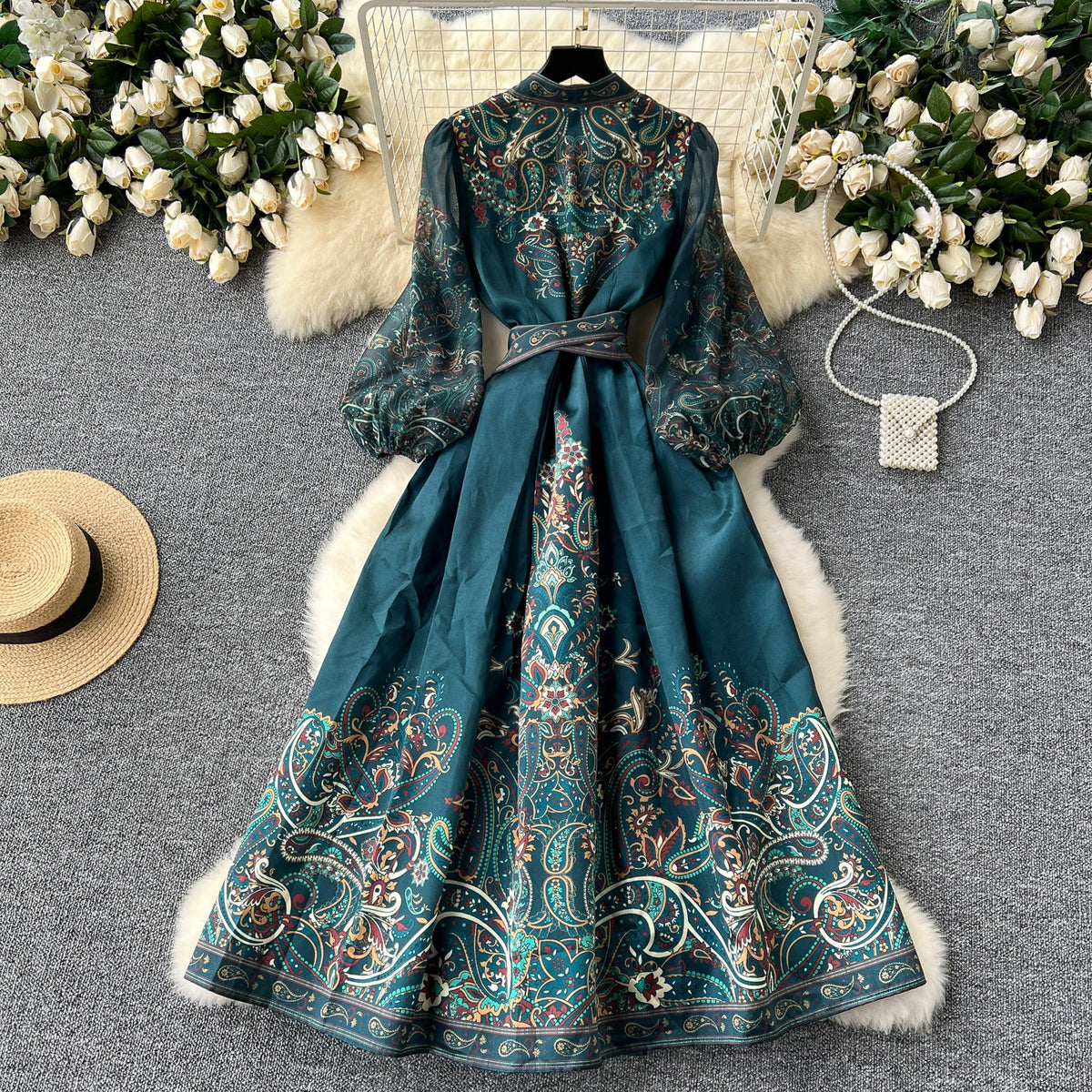 Courtly Lace-up Split Floral Dress