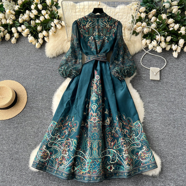 Courtly Lace-up Split Floral Dress
