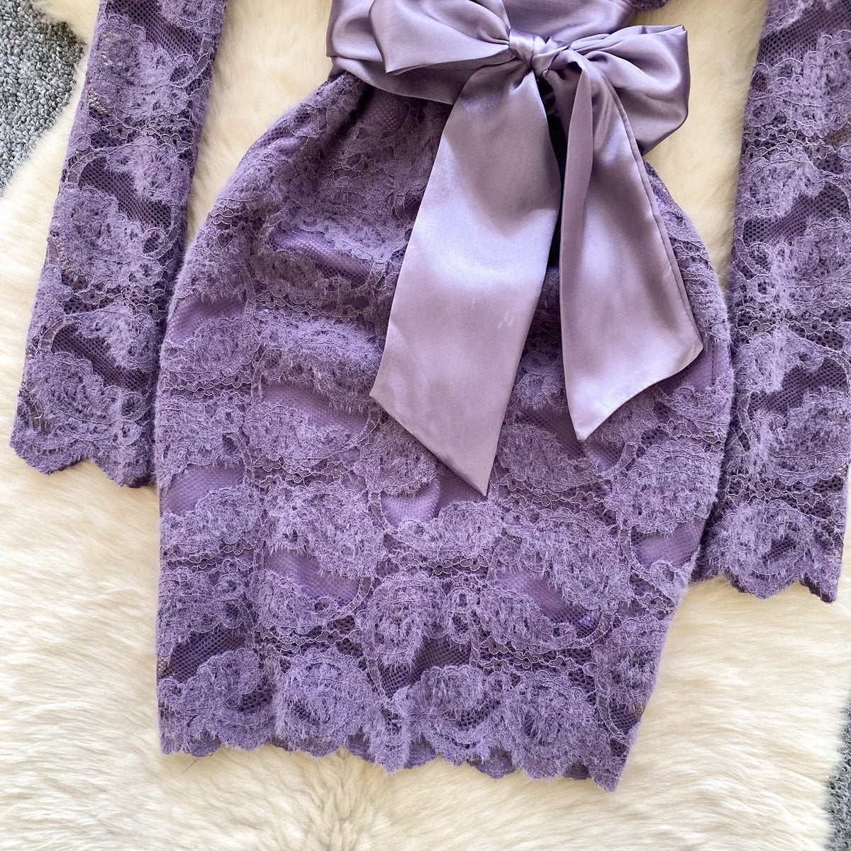 V-neck Embroidered Flocked Lace Dress