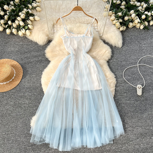 Blue Mesh Outwear & Slip Dress 2Pcs
