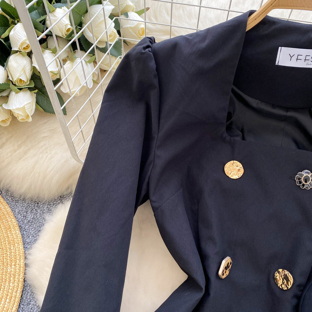 Elegant Double-breasted Black Suit Dress