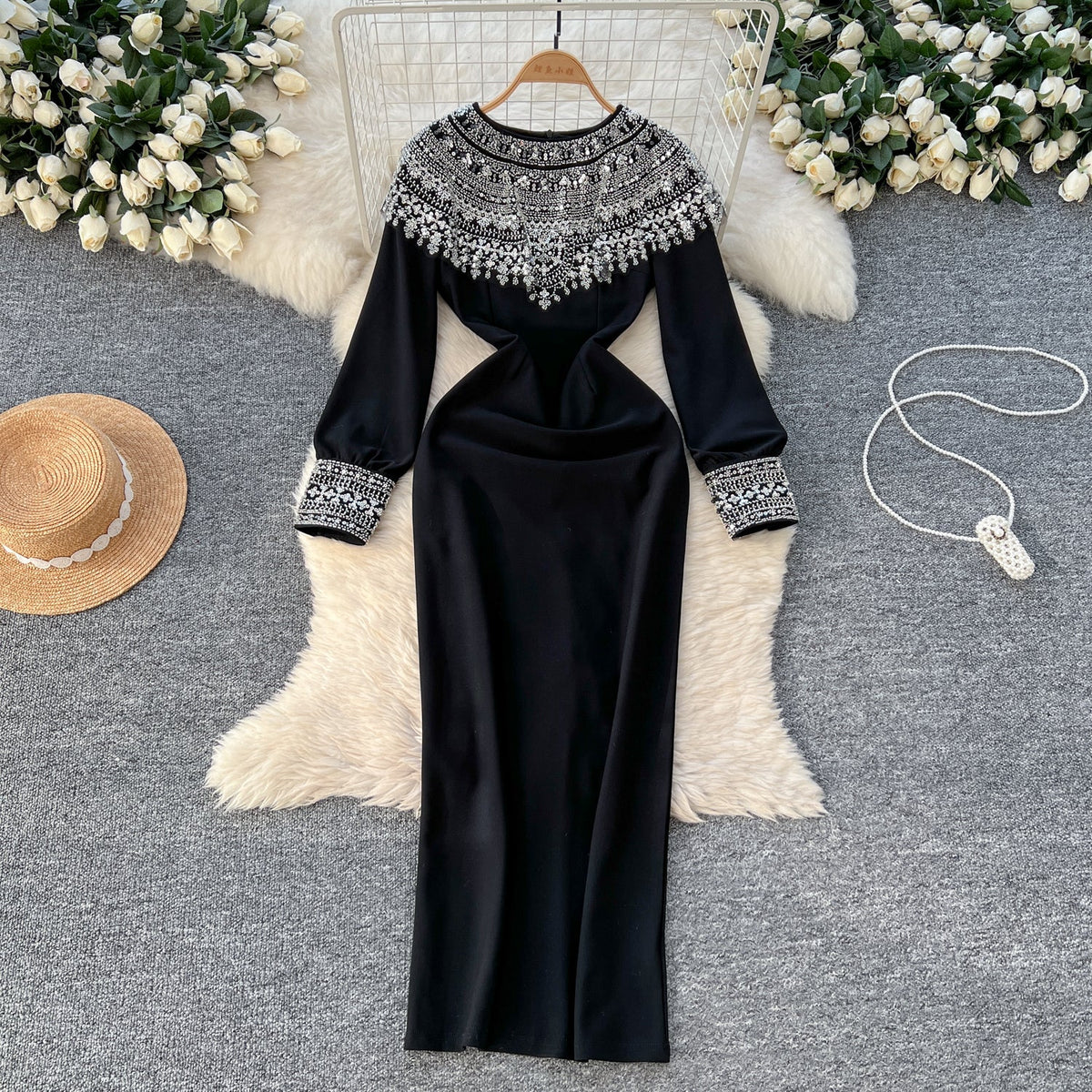 Embroidered Sequin Beaded Black Dress