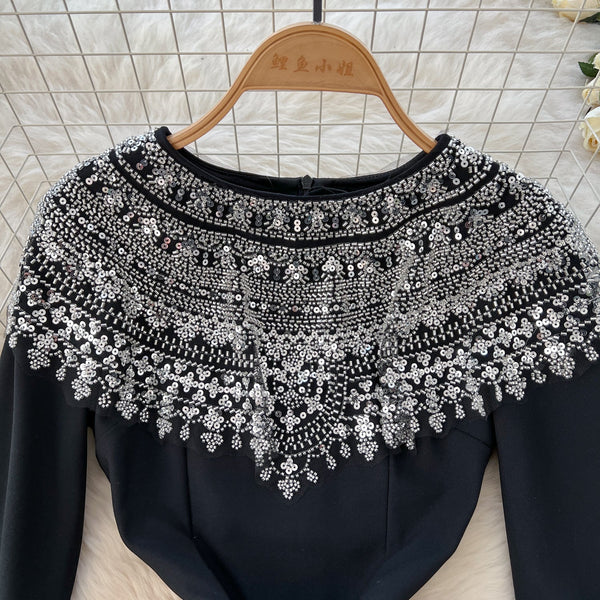 Embroidered Sequin Beaded Black Dress