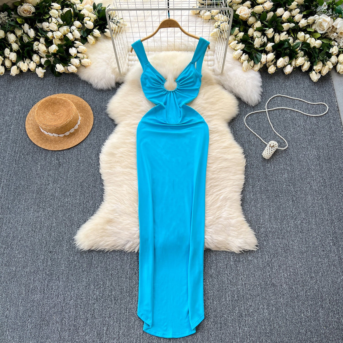 Niche Hollowed Solid Color Slip Dress