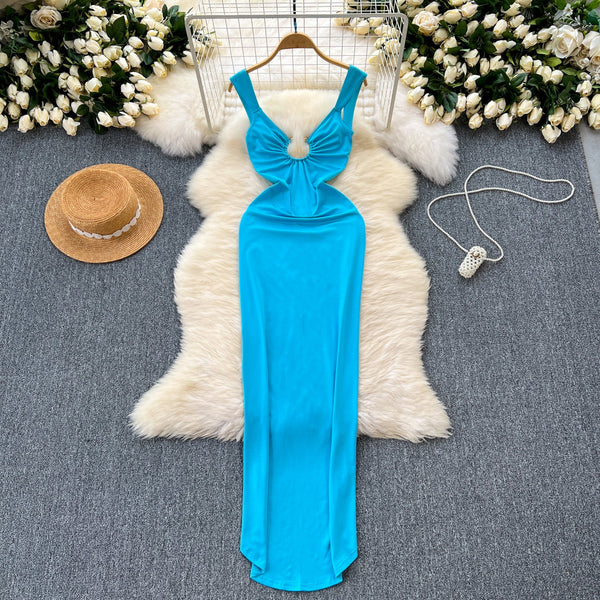 Niche Hollowed Solid Color Slip Dress