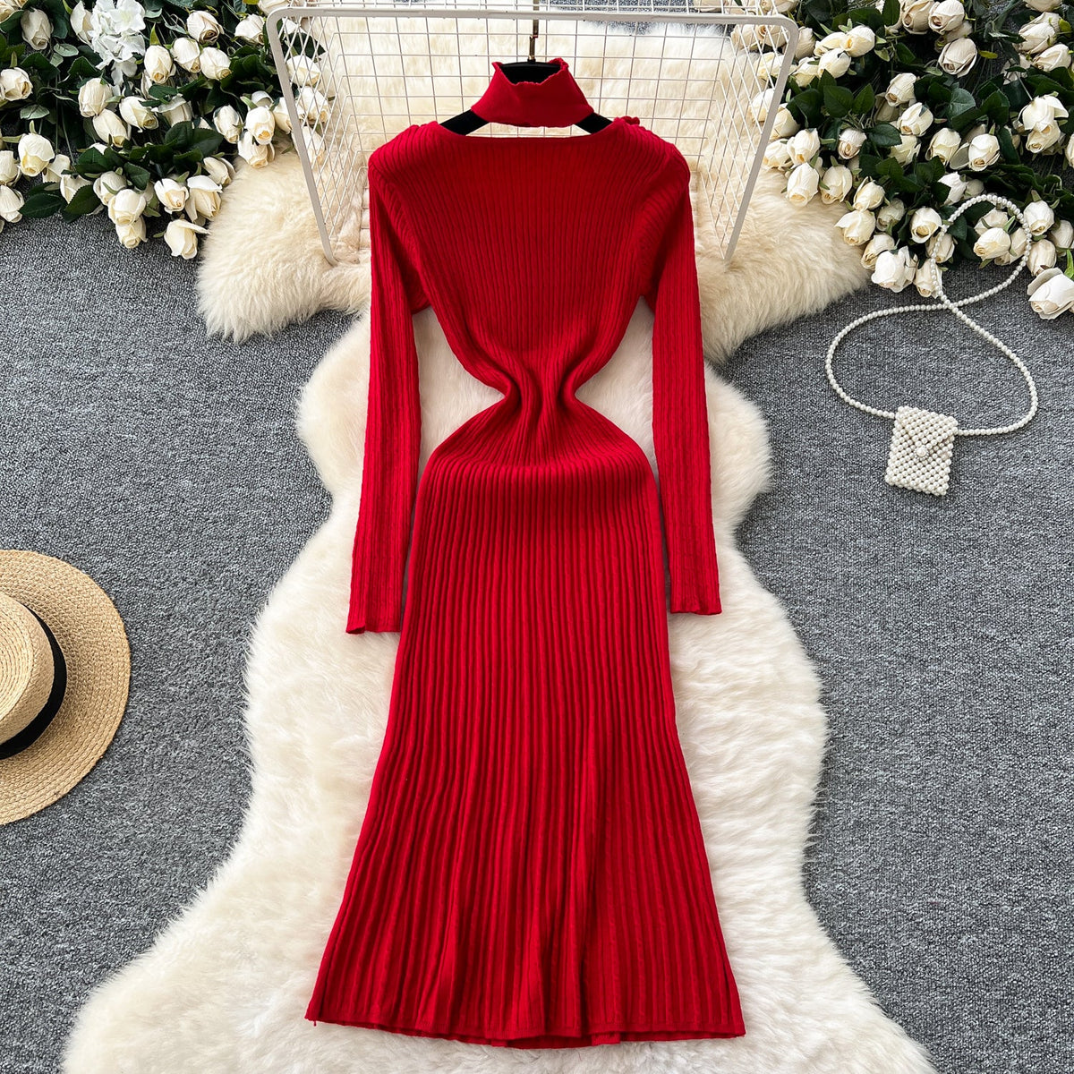 3d Flower Knitted Dress with Choker