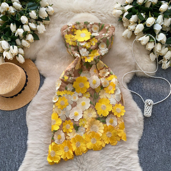 3D Yellow Flower Off-shoulder Dress
