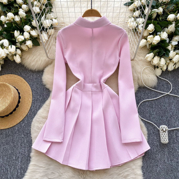 Vintage Lapeled Pleated Shirt Dress