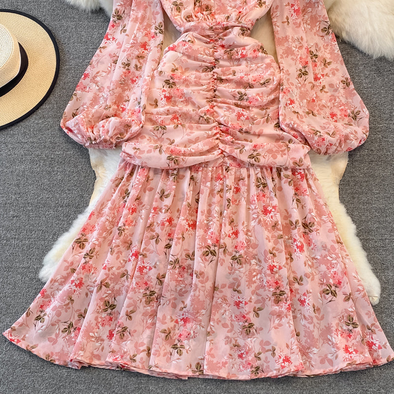 Elegant Round Collar Floral Chiffon Dress