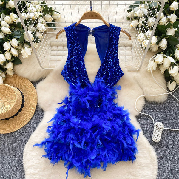 Hollowed Deep V-neck Sequined Dress