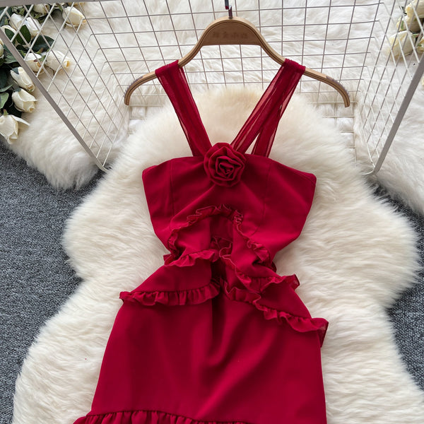 Niche Rose Ruffled Red Halter Dress