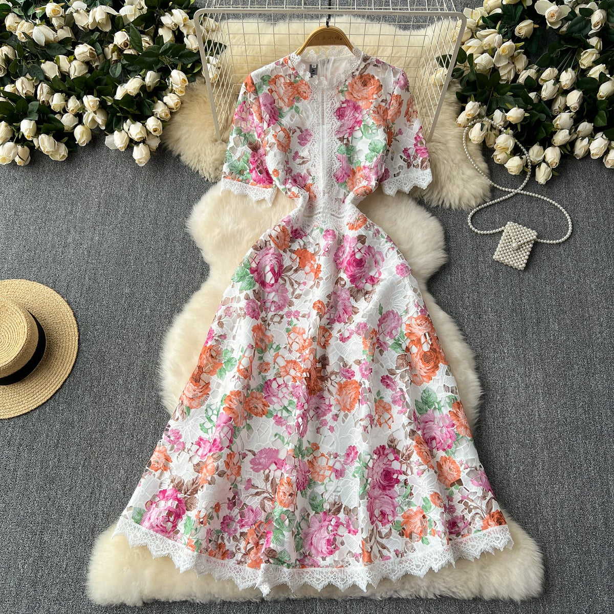 Elegant Floral Embroidered Lace Dress