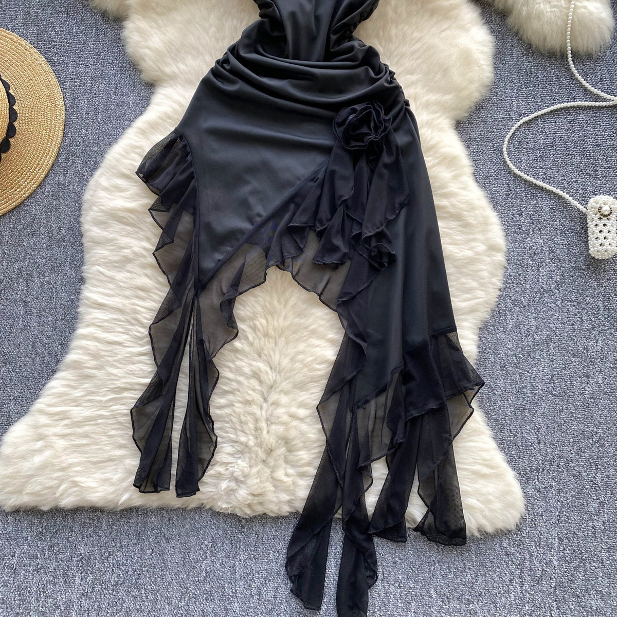 Irregular Design Pleated Black Dress