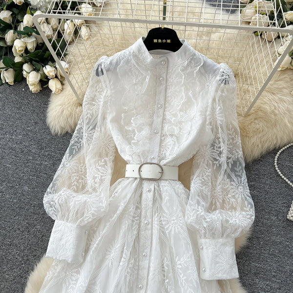Vintage Ruffled Embroidery Shirt Dress