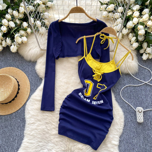 Lace-up Printed Dress&Cape Sexy 2Pcs