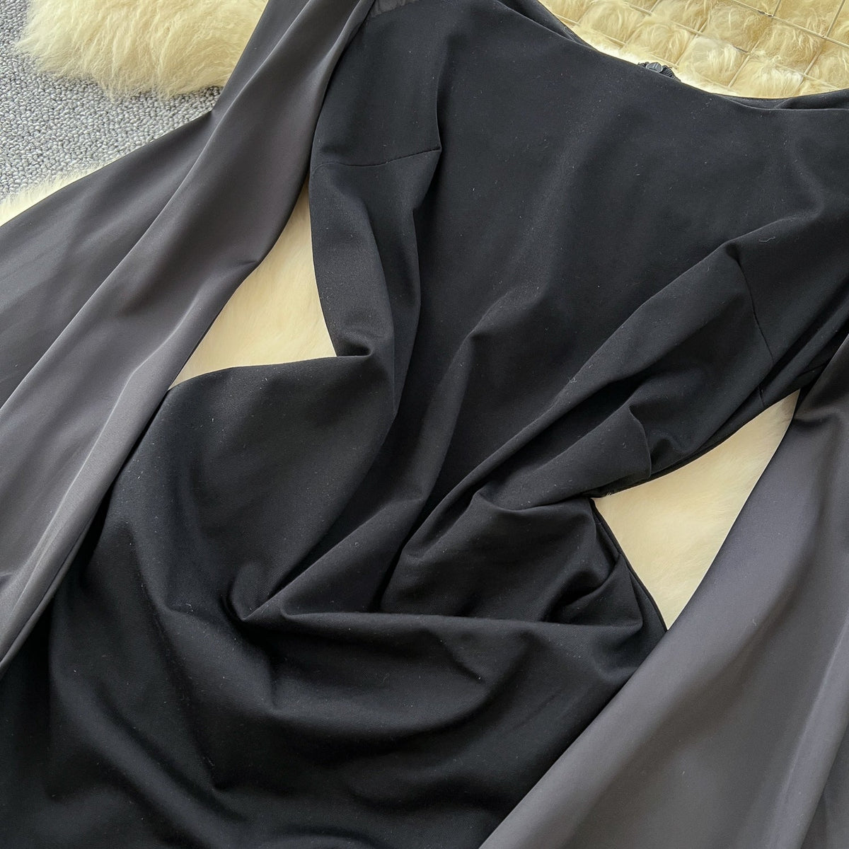 Square Neckline Patchwork Black Dress