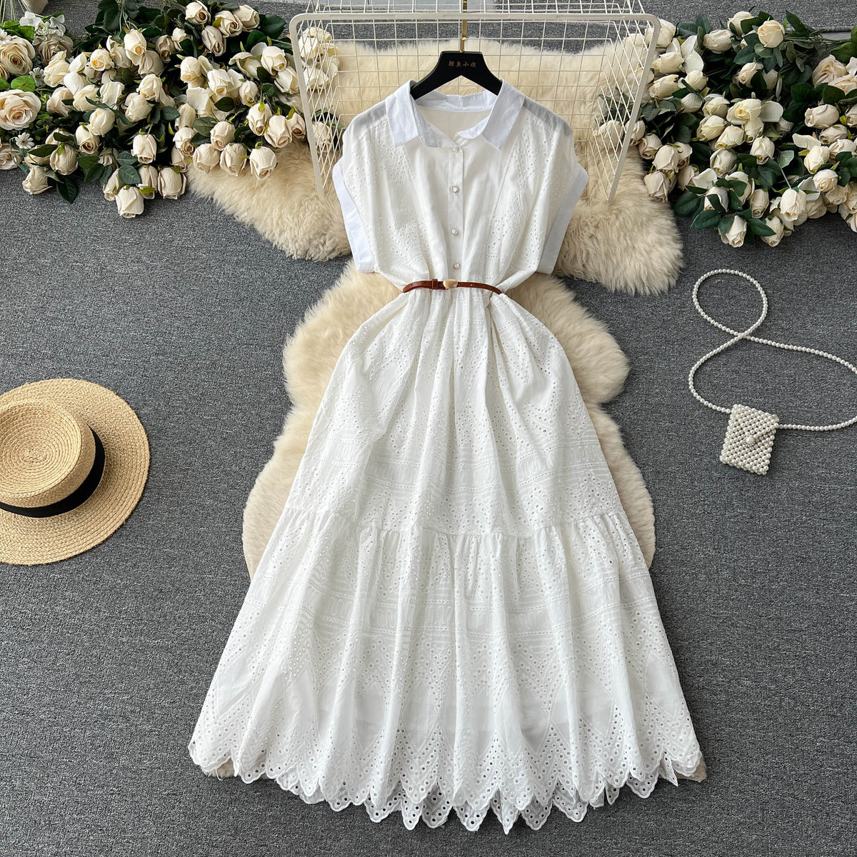 Niche Hollowed Patchwork Shirt Dress
