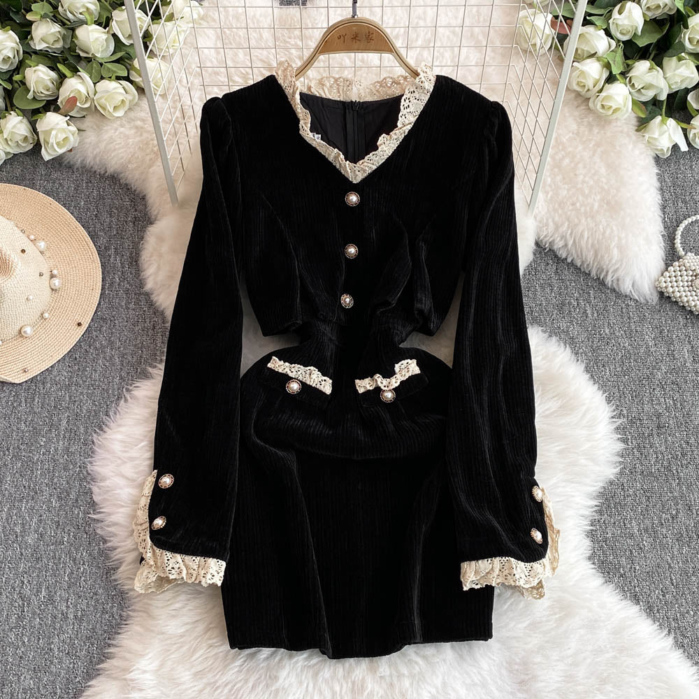V-neck Lace Trim Black Curduroy Dress