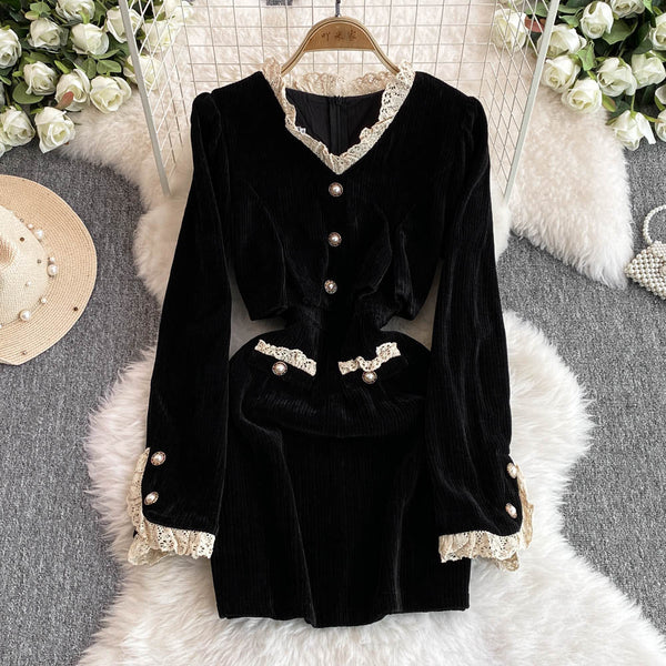 V-neck Lace Trim Black Curduroy Dress