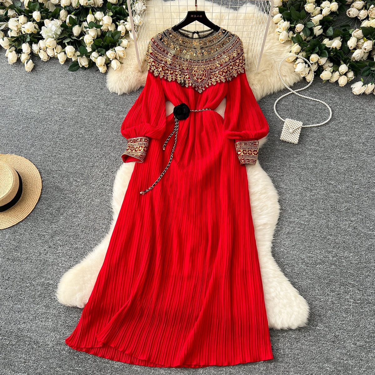 Ethnic Style Beaded Pleated Dress