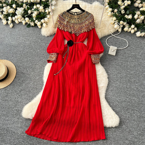 Ethnic Style Beaded Pleated Dress