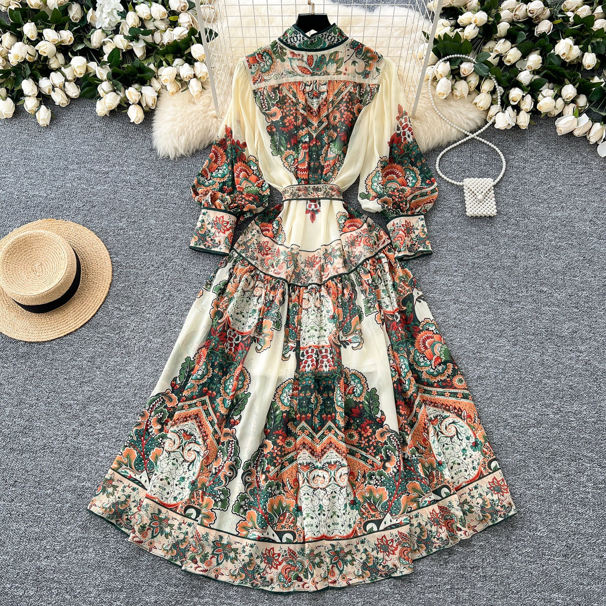 Courtly Stand Collar Floral Chiffon Dress