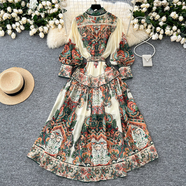Courtly Stand Collar Floral Chiffon Dress