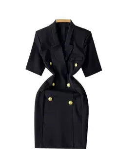 Suit Collar Double-breasted Black Dress