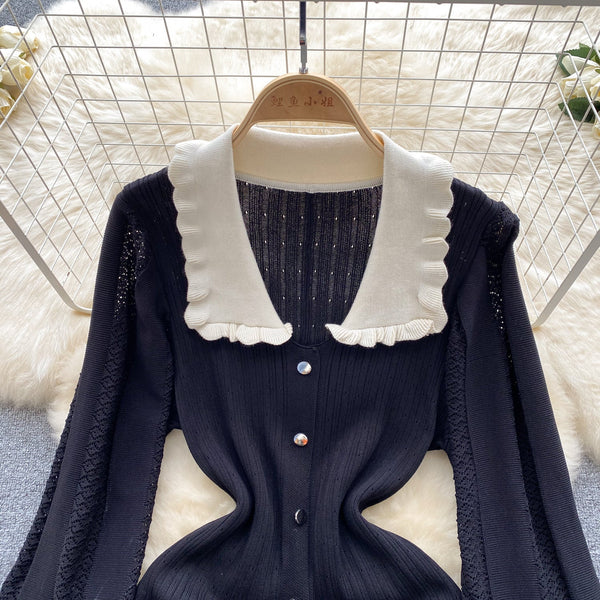 Doll Collar Black Knitted Shirt Dress