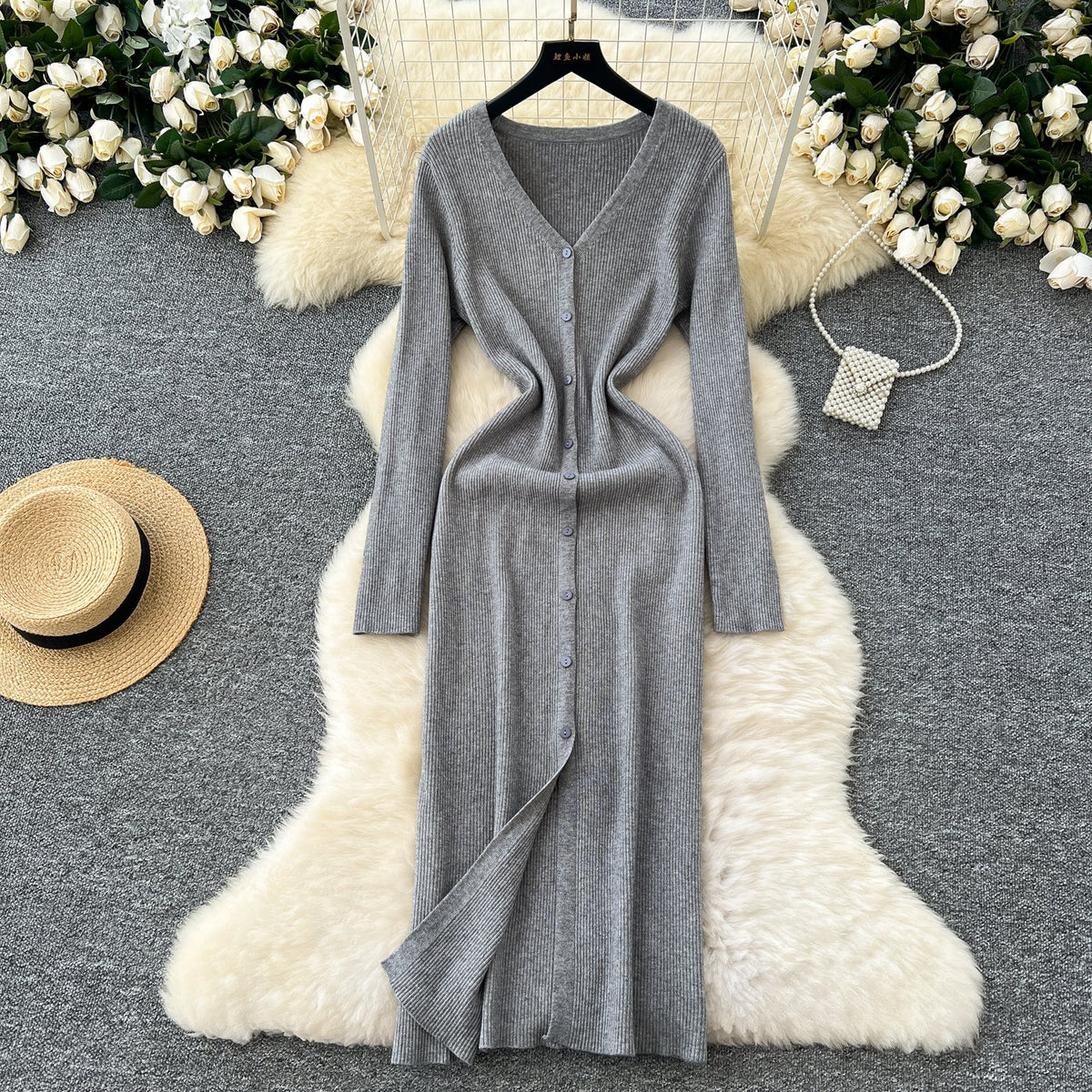 V-neck Single-breasted Cardigan Dress