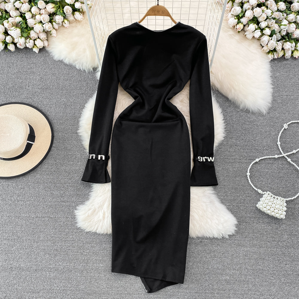 Slant Neckline Zipped Black Dress