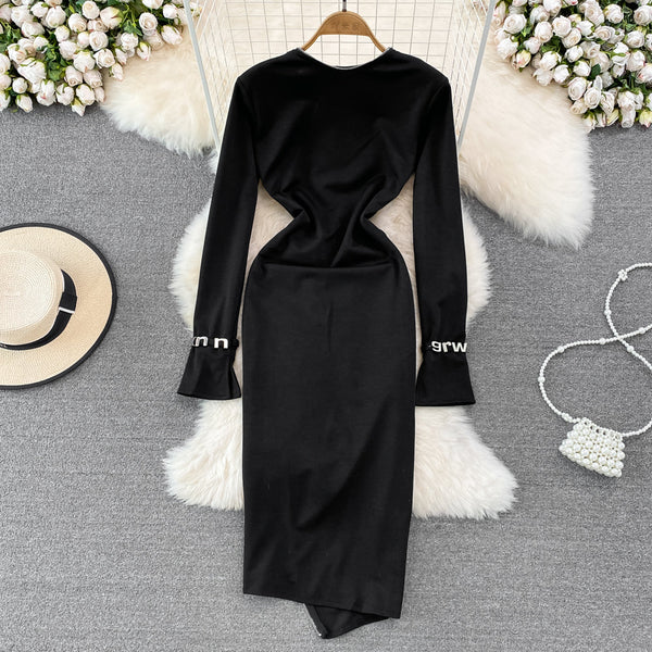 Slant Neckline Zipped Black Dress