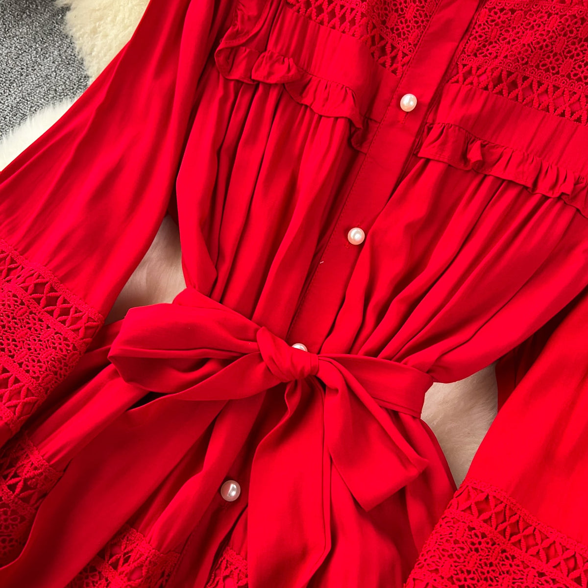 Solid Color Lace Patchwork Dress
