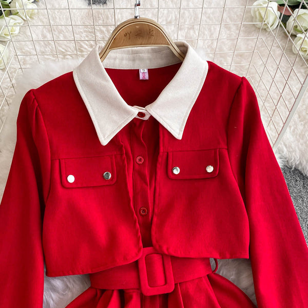 Faux Two-pieces Shirt Dress with Belt