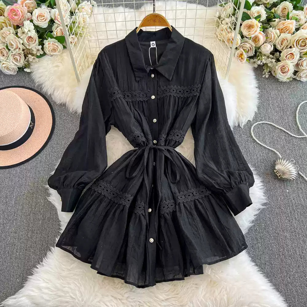 Korean Style Hollowed Lace Shirt Dress