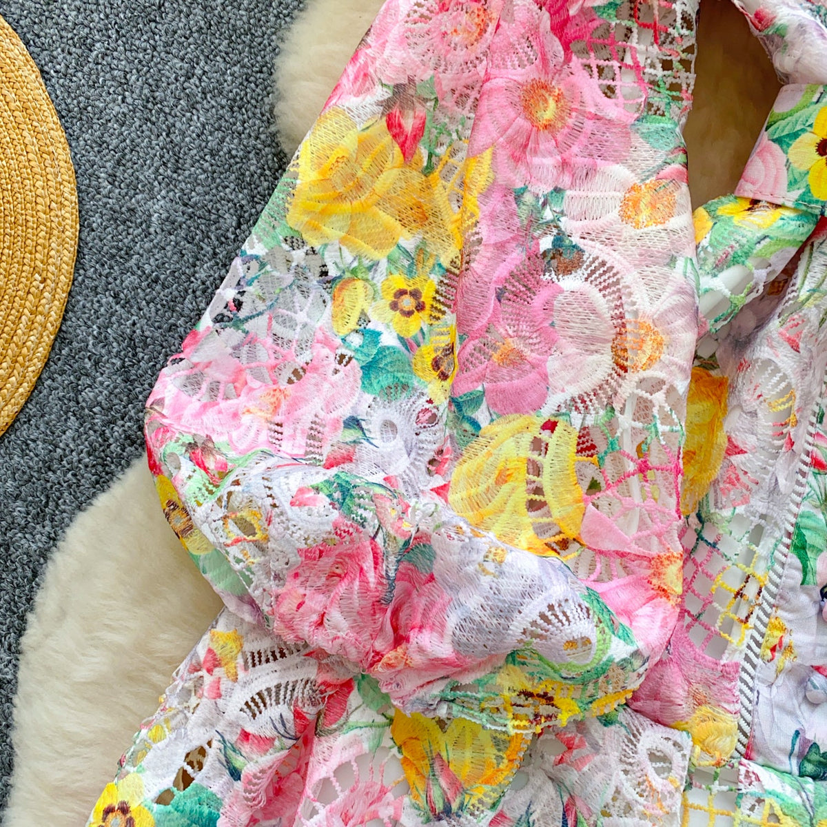 Hollowed Crochet Floral A-line Dress
