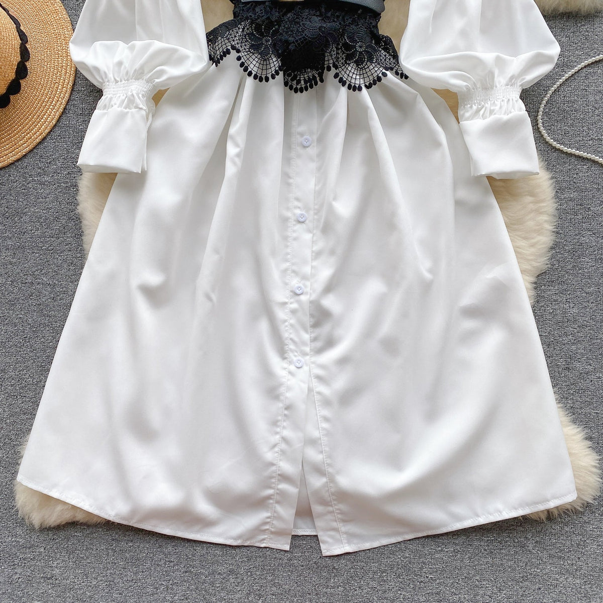 White Shirt Dress with Lace Waistband
