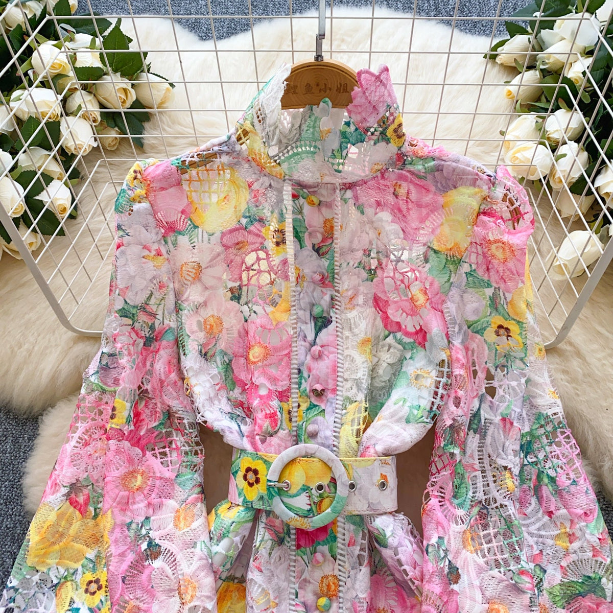 Hollowed Crochet Floral A-line Dress