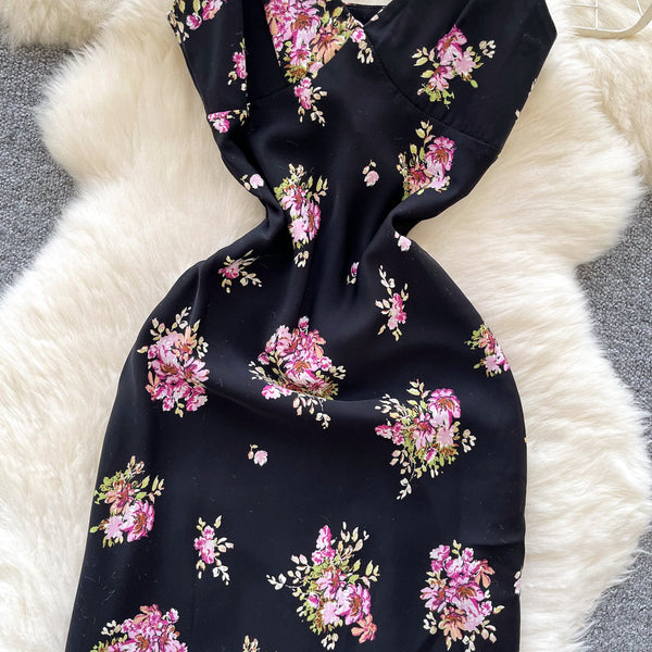 French Style Floral Black Slip Dress