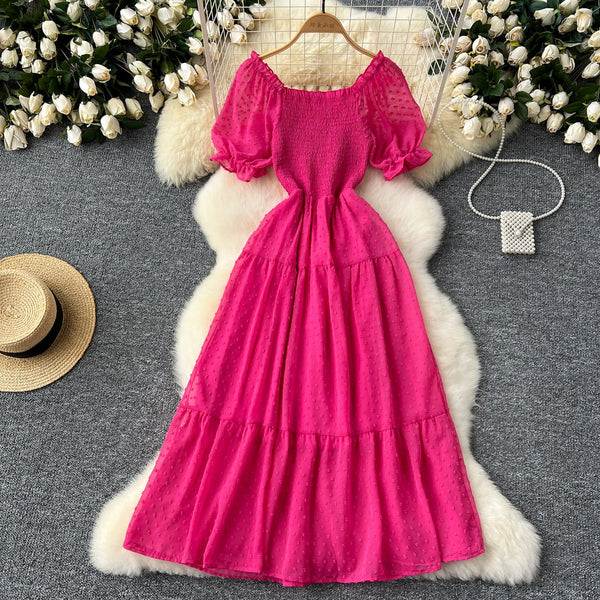 Solid Color Puffy Sleeve Ruffled Dress