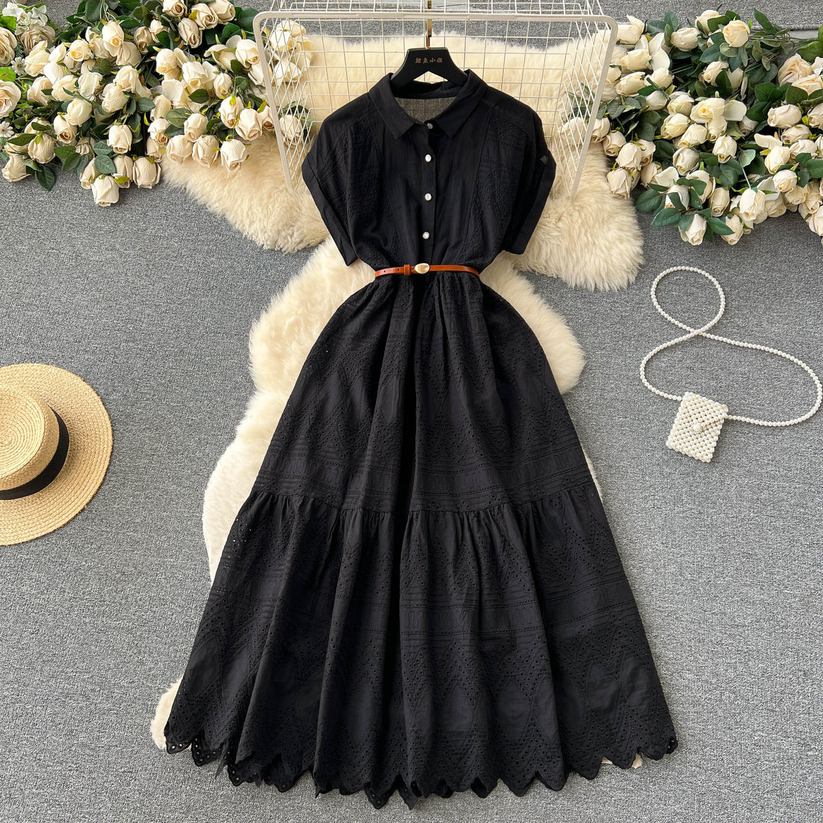 Niche Hollowed Patchwork Shirt Dress