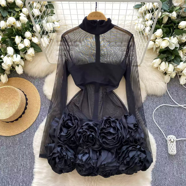 See-through Mesh 3D Ruffled Dress