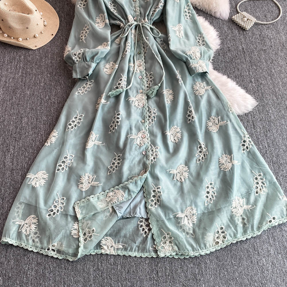 Elegant V-neck Hollowed Embroidery Dress