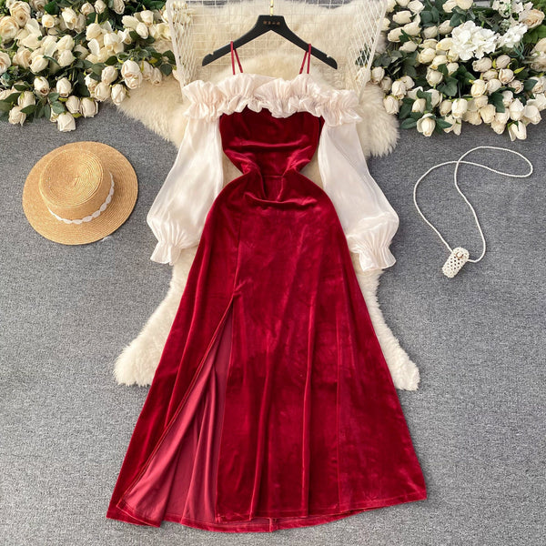 Mesh Ruffled Neckline Suede Slip Dress
