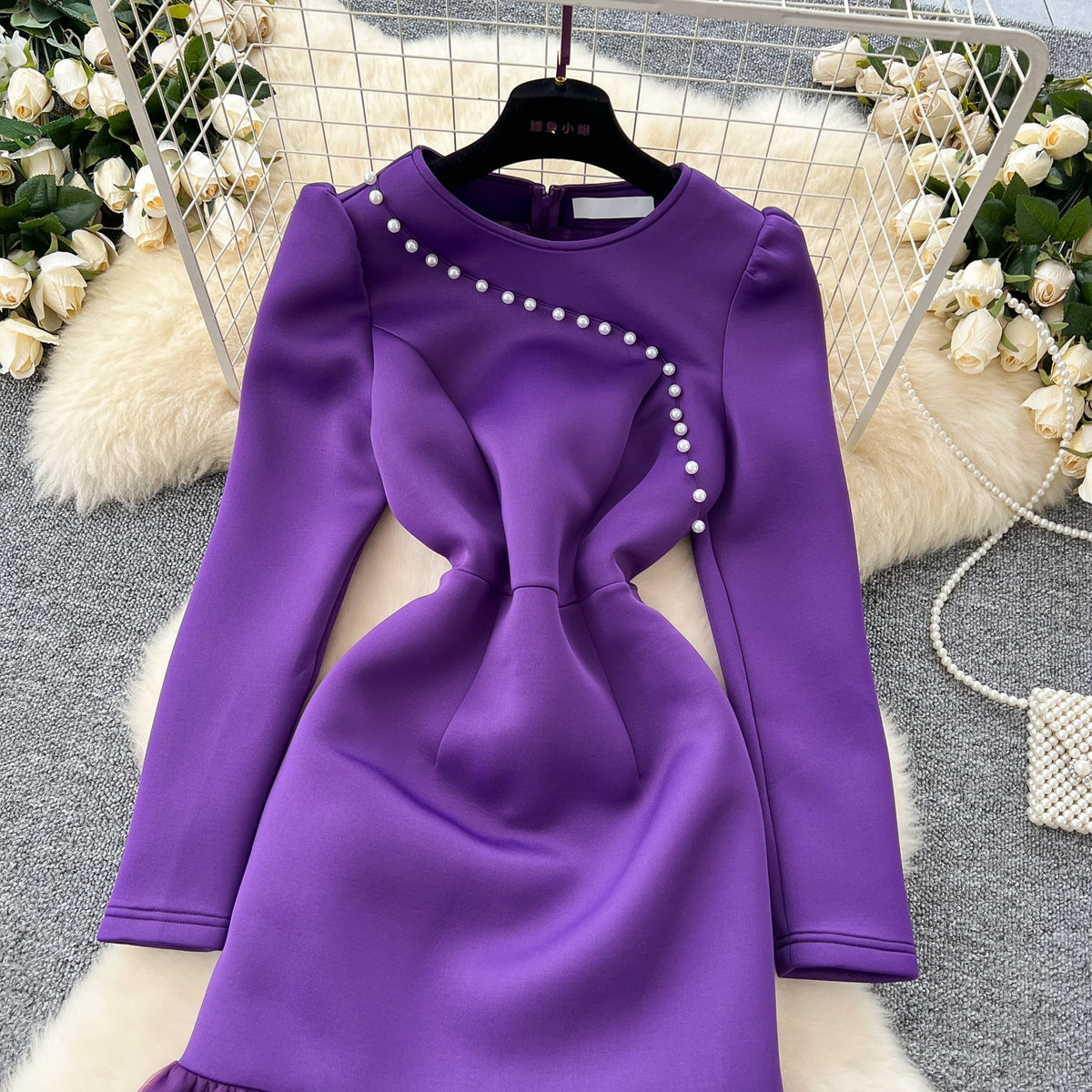 Beaded Mesh Pendulum Purple Dress