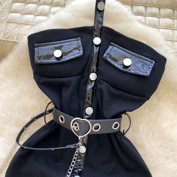 Hollowed Metal Button Black Dress