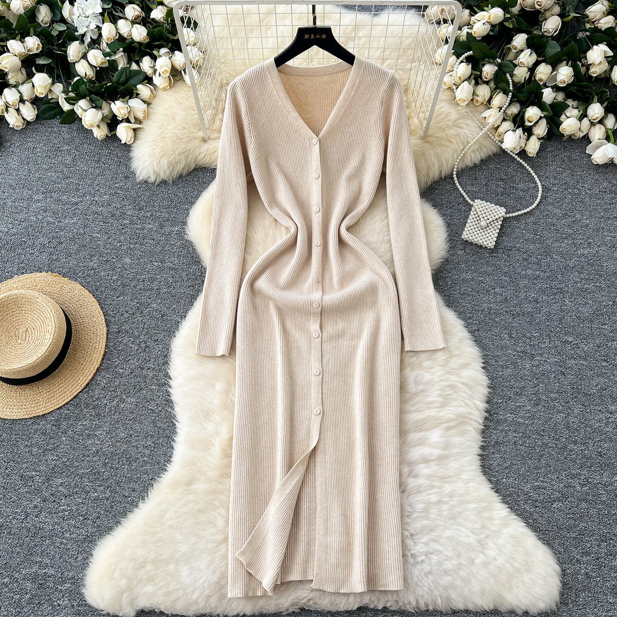 V-neck Single-breasted Cardigan Dress