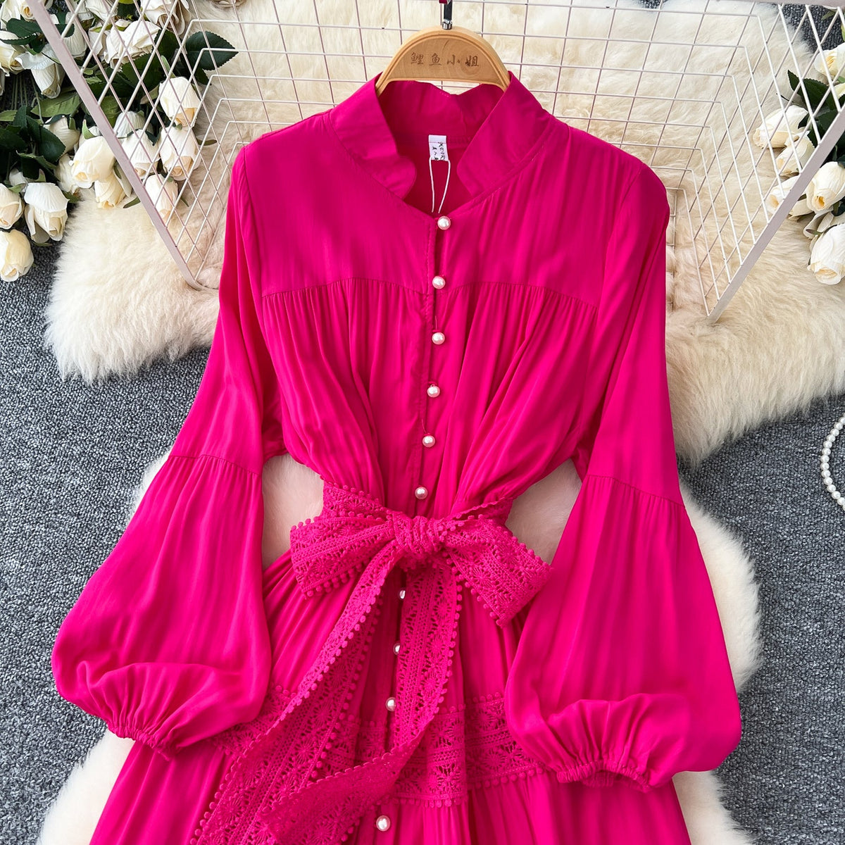 Courtly Lace-up Patchwork Shirt Dress
