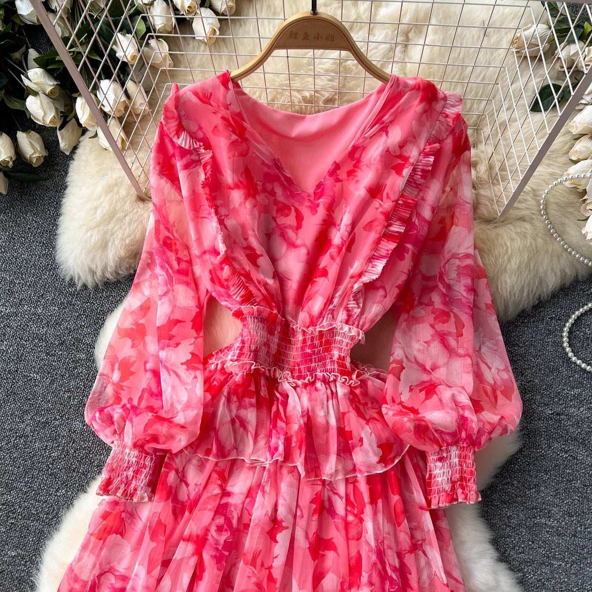 French Style V-neck Floral Chiffon Dress