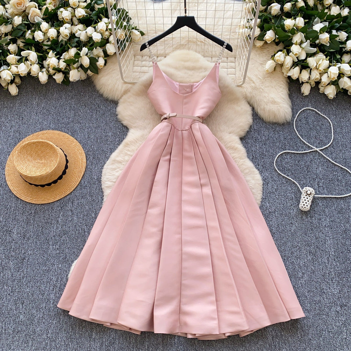 High-end Pleated Slip Dress with Belt